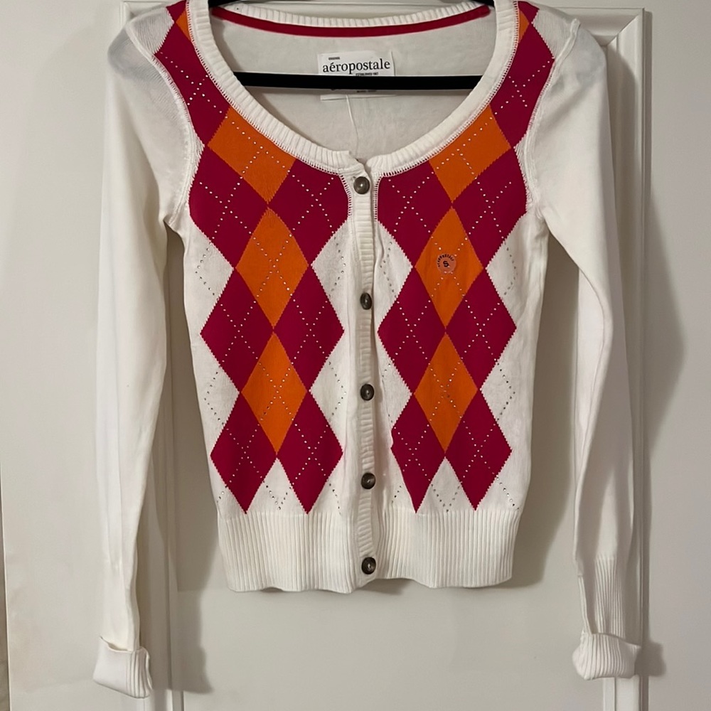 Aeropostale Sweater Cardigan Argyle Pattern Preppy Button-Up S/P